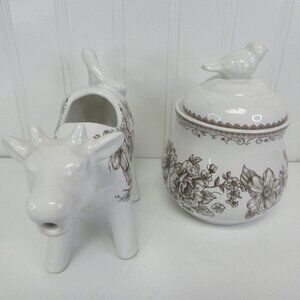 Pioneer Woman Agatha Stoneware Bird Sugar Bowl Cow Creamer Set Floral Brown New